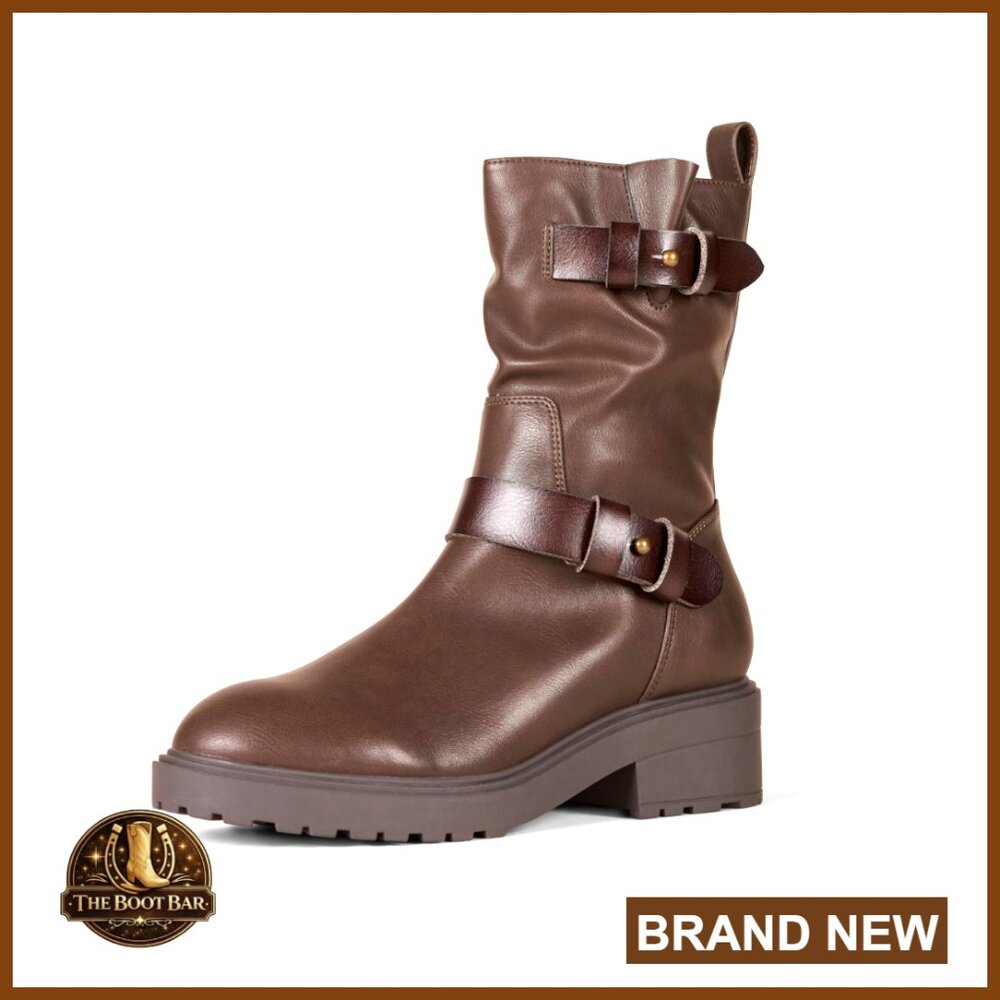 Mid Calf Cropped Biker Boots Chunky Heel Faux Leather Retro Y2k Style